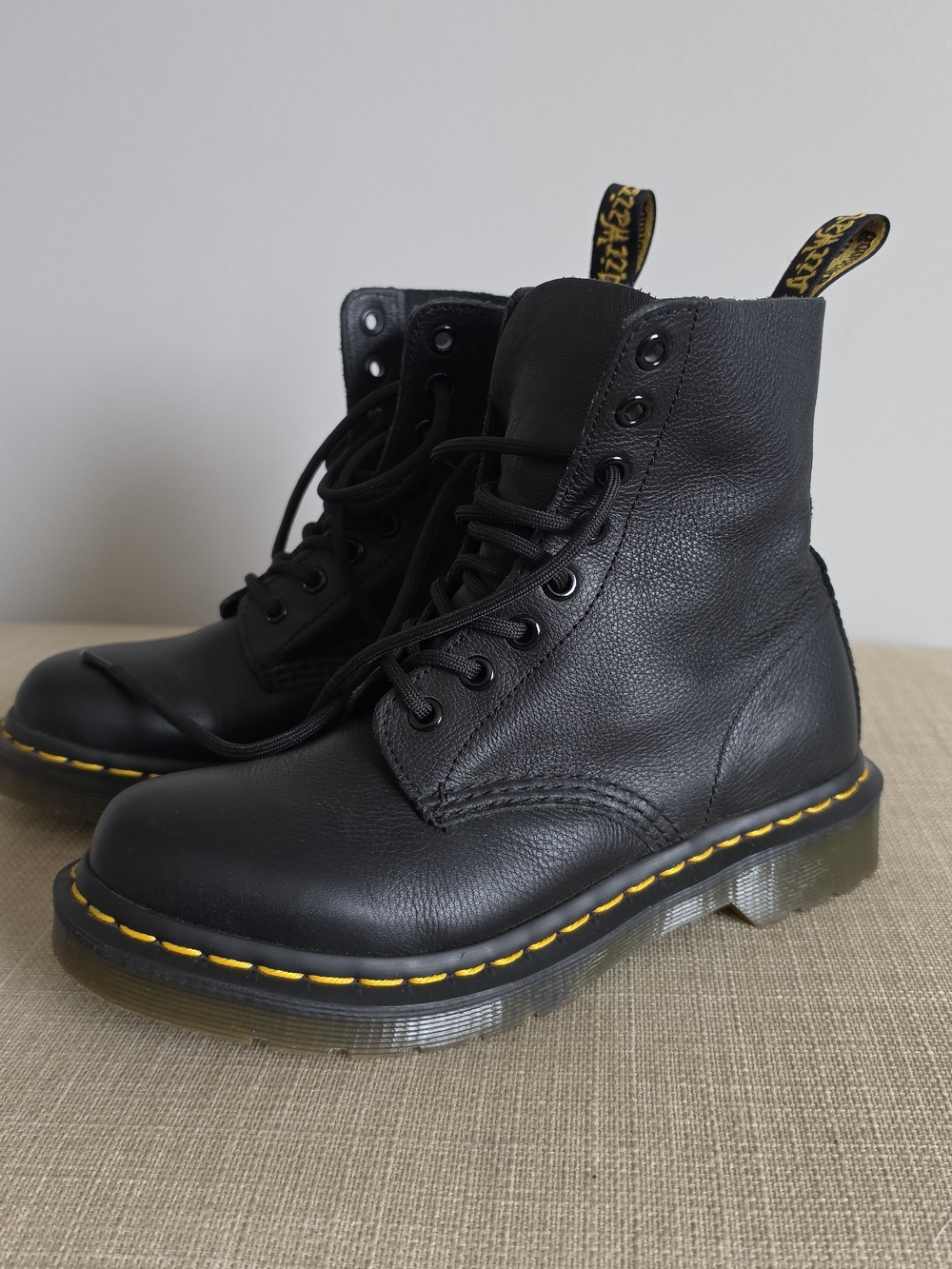 Dr. Martens Black Leather Lace-Up Boots with Yellow Stitching